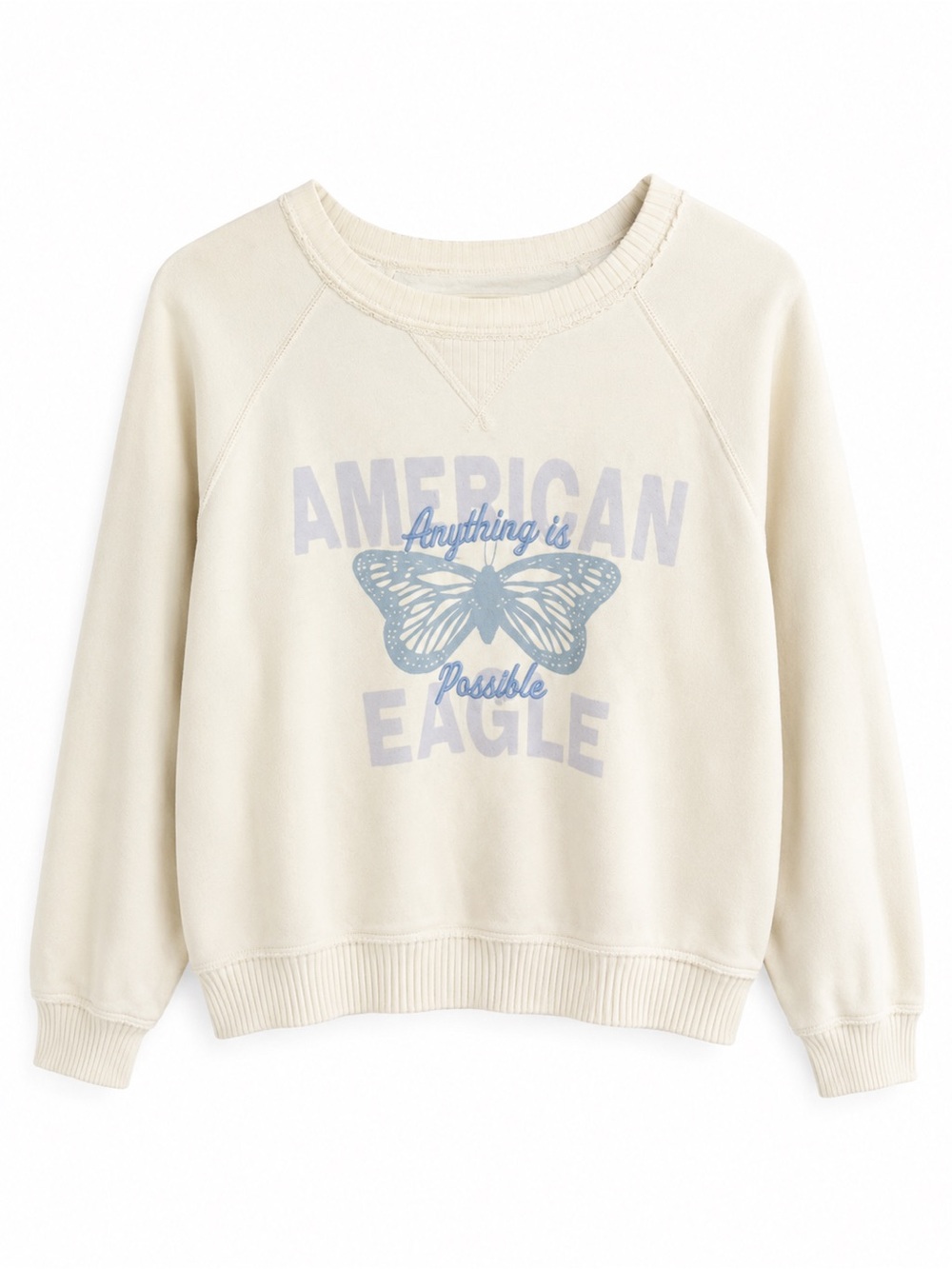 American Eagle Outfitters Cream Sweatshirt with Light Blue Butterfly Graphic